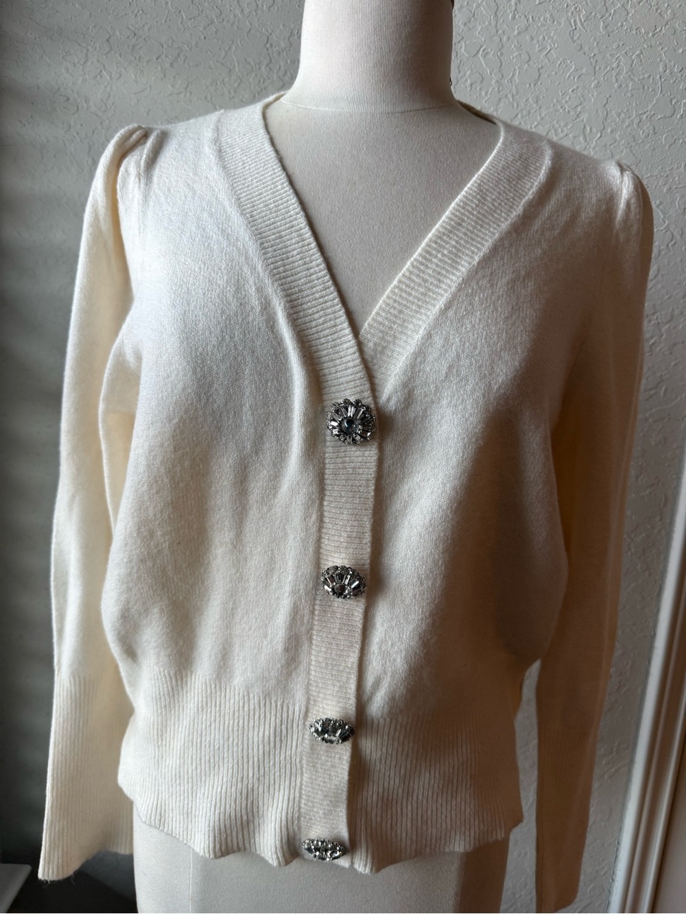 Express Cream V-Neck Cardigan with Jewel Buttons